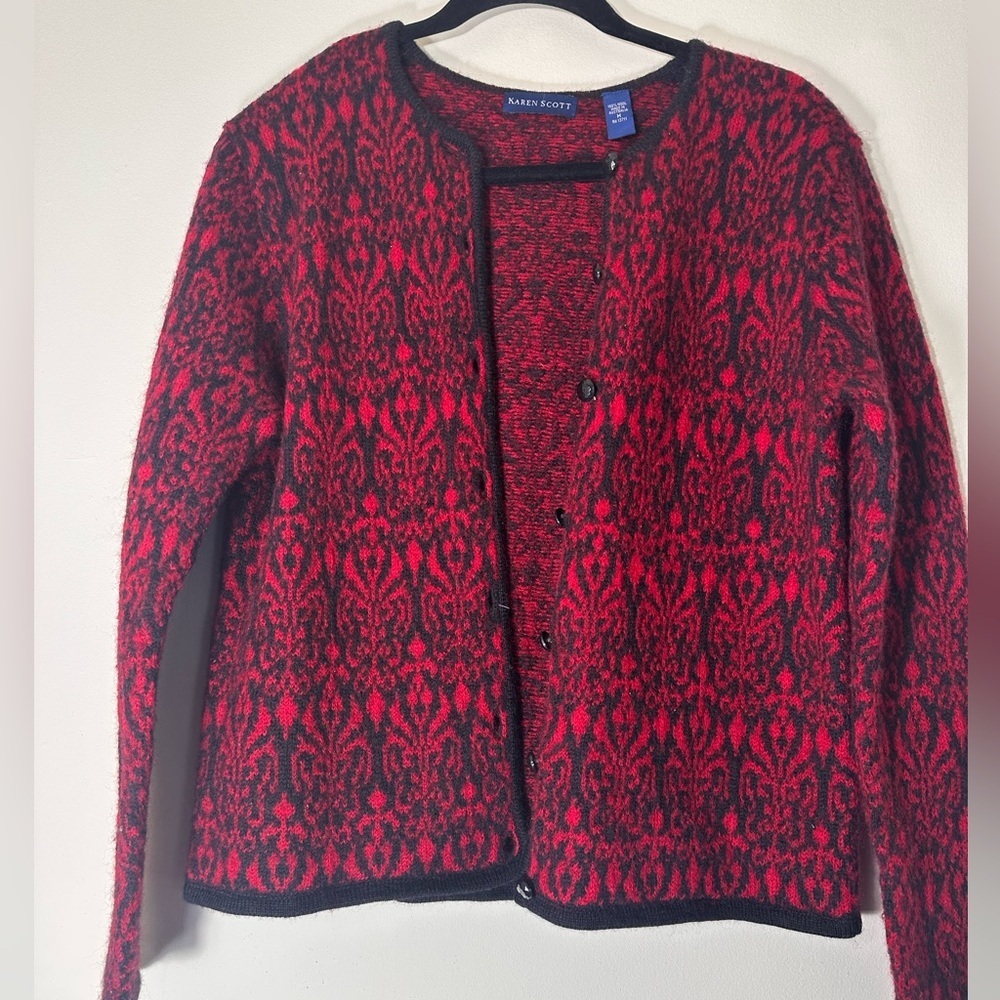 Vintage 100% wool Karen Scott cardigan button down sweater red black size M - Picture 1 of 11